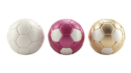 Three Different Colored Soccer Balls Standing Side by Side on White Background