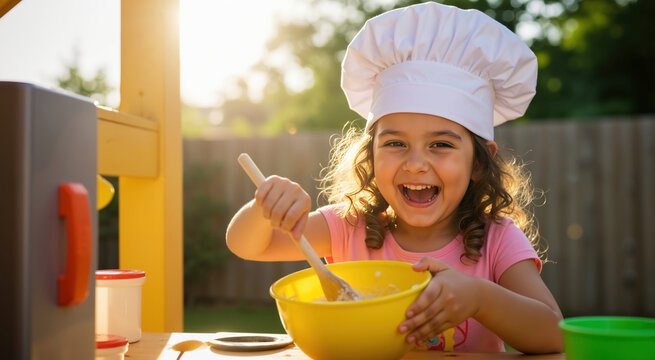 Happy girl in chef hat mixing ingredients in yellow bowl outdoors. Cooking education for culinary skills development and kitchen safety learning