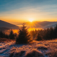 Obraz premium Majestic sunrise over frosty mountains nature landscape tranquil environment scenic viewpoint inspiring concept
