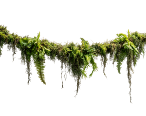 Lush Green Moss and Fern Hanging Branch, PNG