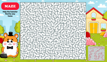 Square Maze Activity Page For Kids. Help Hamster Find The Way To Home, Cartoon Style