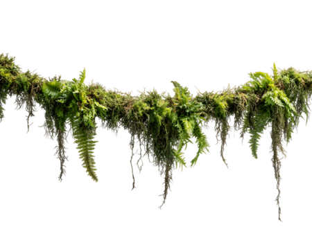 Lush Green Moss and Fern Hanging Branch, PNG