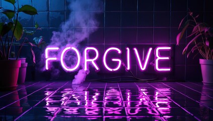 Neon Sign with the Word "FORGIVE" on a Dark Tiled Wall, Surrounded by Smoke and Plants