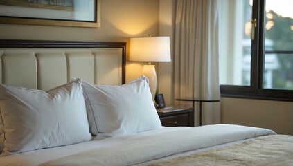 Cozy Bedroom with a Soft Bed, Elegant Pillows, and Warm Lighting