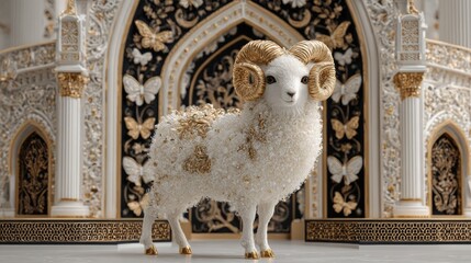 A decorative white ram with golden horns and ornate detailing stands in front of an intricately designed archway adorned with butterflies and luxurious Islamic patterns.