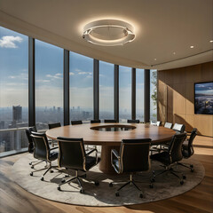 modern corporate boardroom with city skyline view, executive meeting room in luxury office, high rise office with panoramic windows, round table conference room in skyscraper, business workspace .