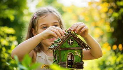 Girl decorating miniature fairy house with green moss and natural materials outdoors. Nature craft activities for imaginative play and environmental education