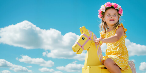 Adorable girl in yellow polka dot dress with flower crown riding yellow rocking horse against blue sky. Spring celebration and outdoor play concept for children activities