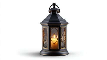 A decorative black lantern with a lit candle inside stands on a white background, showcasing its elegant glass panels and vintage design.