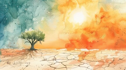 Raising awareness for world day to combat desertification with symbolic arid landscape and tree. Watercolor illustration. Climate problems. Horizontal banner. Copy space. World Environment Day