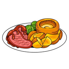 British Yorkshire Pudding And Roast Beef Illustration On A Plate In Cartoon Style