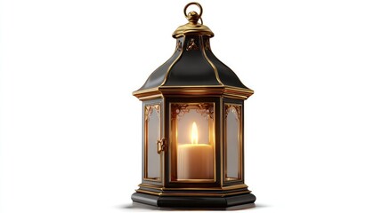 A decorative black lantern with a lit candle inside stands on a white background, showcasing its elegant glass panels and vintage design.