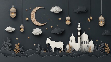 A paper-cut style illustration featuring a goat, crescent moon, mosque, lanterns, and clouds, symbolizing Eid al-Adha with a serene, festive ambiance.