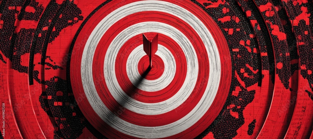 Poster dartboard at goal target with world map backdrop. business focus aim for success achievement. genera