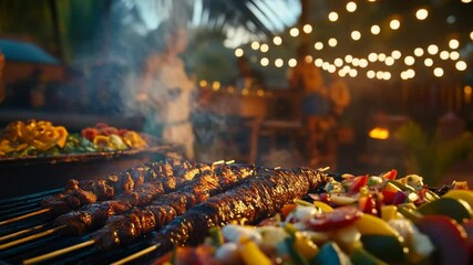 Exquisite barbecue scene with colorful skewers, ideal for culinary and festive themed videos