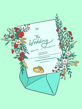 Wedding invitation with floral decorations and wedding rings on a light blue envelope, elegant and romantic design