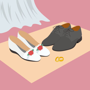 Beautiful wedding day illustration displaying elegant bridal shoes, classic groom's footwear, and shining golden rings, symbolizing love, commitment, and a joyous celebration ahead