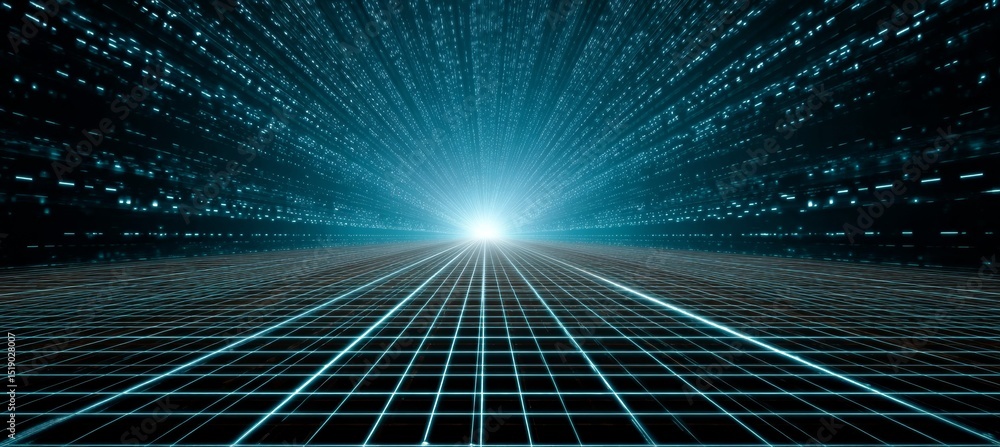 Poster 5d perspective space with grid line and spark light. copy space background. generative ai technology