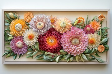 Detailed paper flower arrangement in a frame.