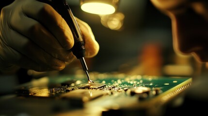 Obraz premium Soldering Circuit Board. Close-up of a technician's hand using a soldering iron on a circuit board