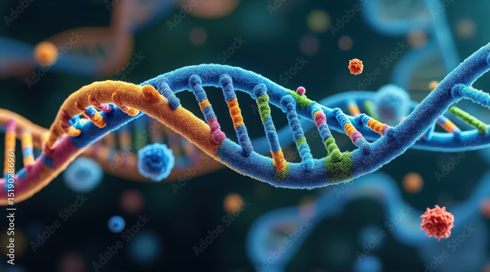 Poster animated dna strand splitting into two, showcasing a dynamic biological process.