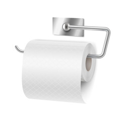 Realistic illustration of a toilet paper roll on a metallic holder. The clean white paper contrasts with the shiny silver metal. Ideal for bathroom design and decoration resources.