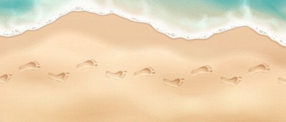Illustration of sandy beach with footprints in realistic style. Soft beige and blue colors. Represents a serene beach walk. Ideal for travel promotions.