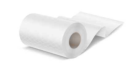 Realistic vector illustration of a toilet paper roll. Crisp white color with a subtle pattern. Ideal for bathroom design or hygiene product advertisements.