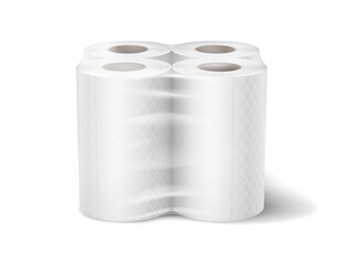 Realistic 3D rendering of a fourpack of toilet paper rolls in white packaging. The design emphasizes hygiene and convenience. Ideal for sanitation and household uses.
