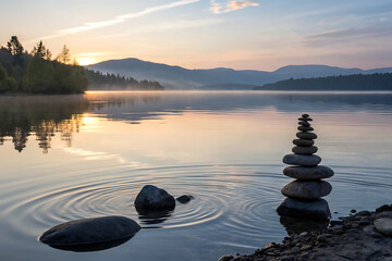 Sunrise serenity stone stack on calm lake