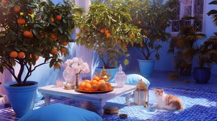 Outdoor patio setting with orange trees, decorative table, lanterns, and a cat lounging in a sunny courtyard