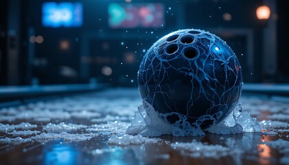  A close-up of a bowling ball frozen in ice, partially melted, revealing a glimmering surface underneath, on a frosty, dimly lit lane.