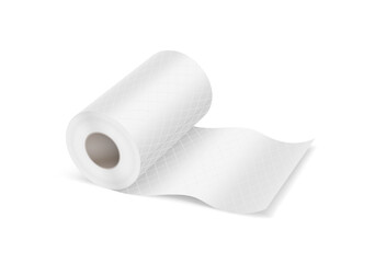 Illustration of a roll of white toilet paper in a realistic style. It features soft textures and precise details. This versatile image is ideal for hygiene or household topics.
