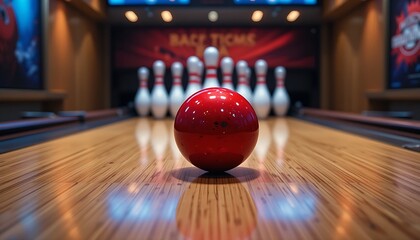  A perfectly polished, bright red bowling ball mid-roll down a freshly oiled, gleaming wooden lane, with a perfectly set arrangement of bowling pins in the distance,