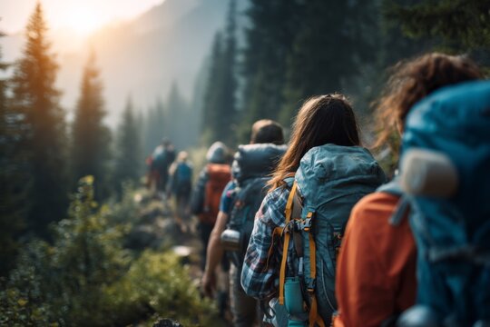 Group of hikers walking along a scenic mountain or forest trail