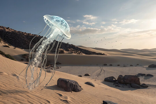 Surreal Desert Landscape with a Large Translucent Jellyfish Floating Mysteriously Above the Sand Dunes - Powered by Adobe