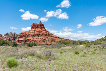Panoramic desert landscapes in Sedona, Arizona, featuring vivid red rock formations, green...