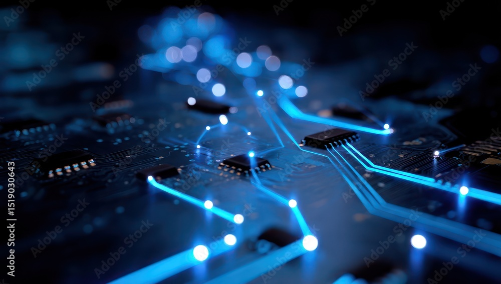 Poster digital circuitry with glowing blue connections representing advanced technology.