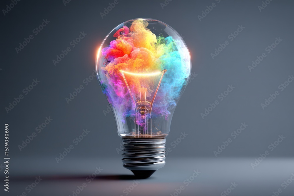 Poster advanced tech visualization shows a glowing light bulb as a symbol of creative brainstorming.