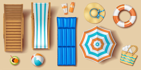 Vector illustration of beach accessories like umbrella, inflatable mattress, sunhat, sunscreen arranged on sand background. Perfect for summer vacation themes and travel advertising.