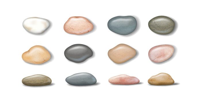 Illustration of twelve smooth stones in various earthy tones. Each stone is uniquely shaped. The background is plain white. Suitable for design and nature themes.