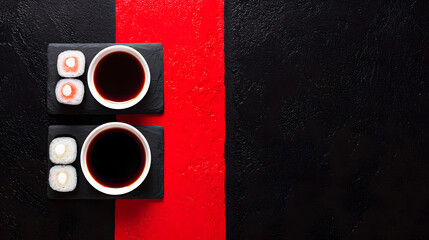Soy sauce bowl with sushi rolls on slate plates - minimalist Japanese cuisine elegance