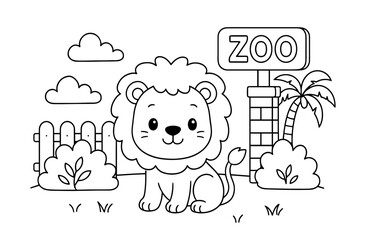 Cute lion coloring page at the zoo entrance, perfect for kids coloring books, early learning materials, and fun zoo themed activities.
