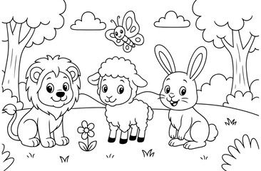 Obraz premium Coloring page featuring a lion, lamb, and rabbit in a forest. Fun and educational printable for toddlers and young kids.