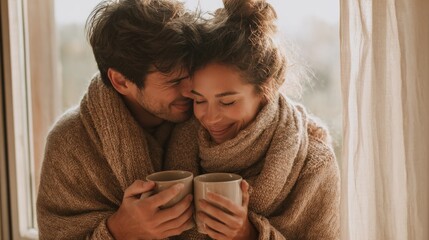 Couple enjoying cozy hot drinks home lifestyle photo intimate environment close-up view warmth and connection