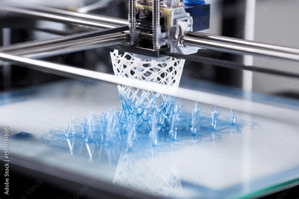 Aufkleber close-up view of a futuristic 3d printer building complex designs in layers.