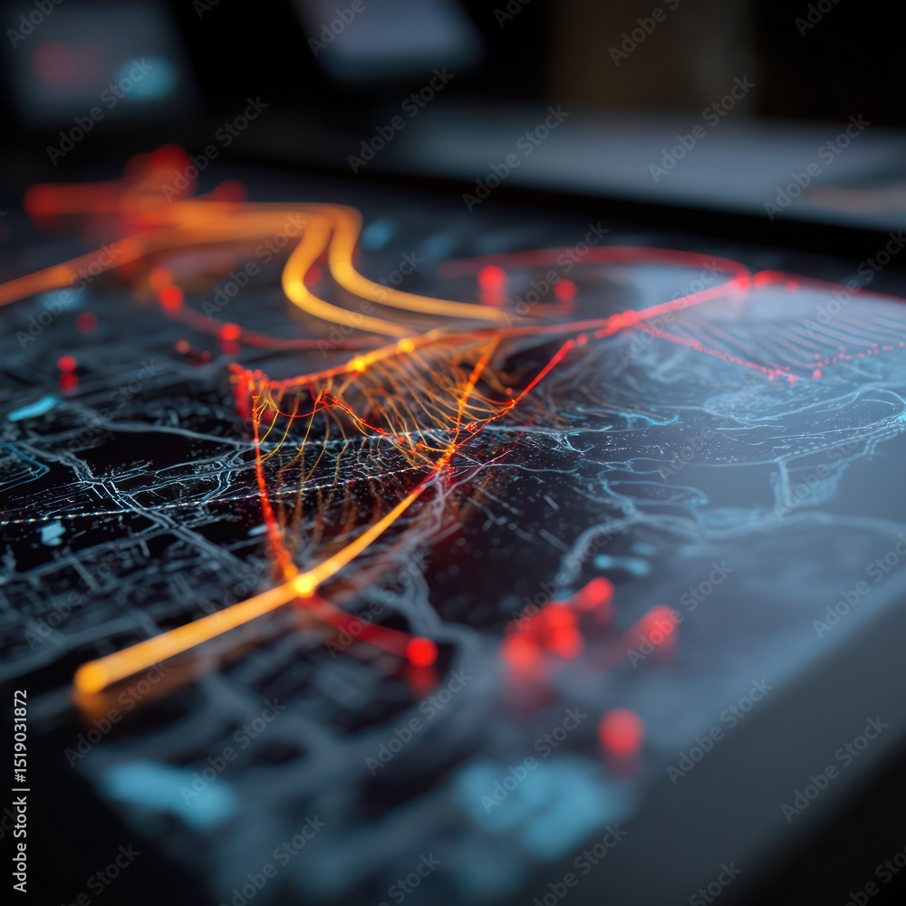 Poster detailed view of a holographic map with animated routes and data updating dynamically.