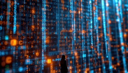 create a digital artwork depicting an abstract background with binary code and lights, using a 3d rendering technique, place a subject at the bottom of the image