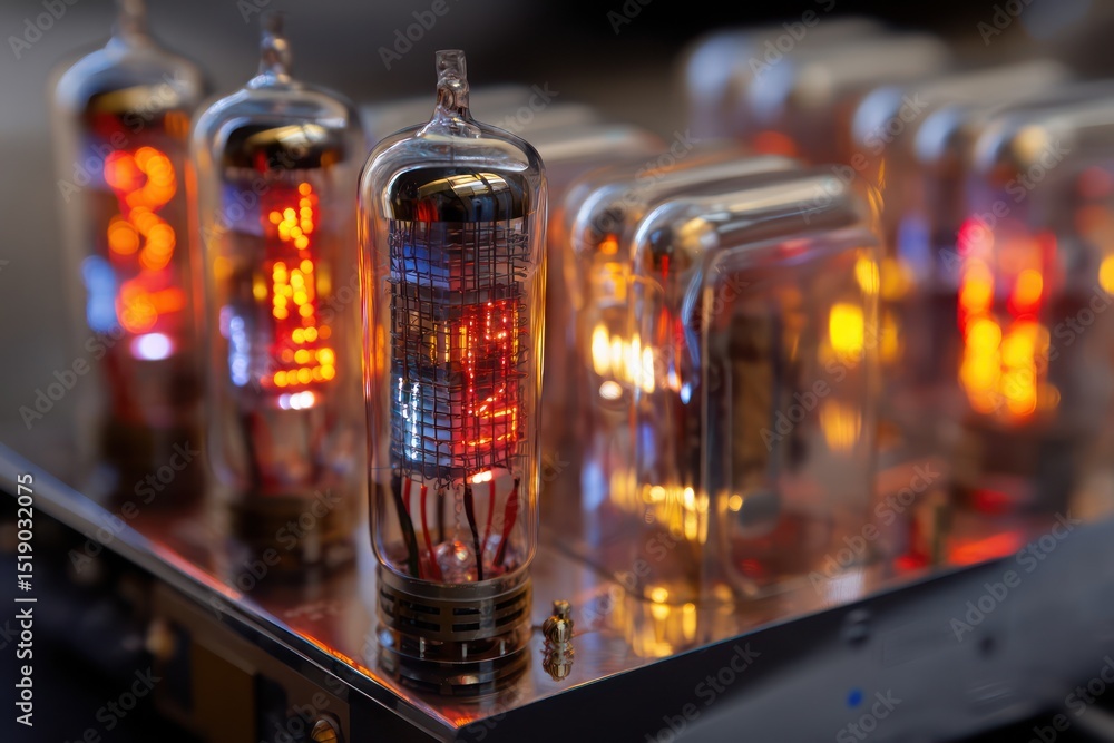 Poster glowing nixie tubes in a retro style light up to display numbers and letters.