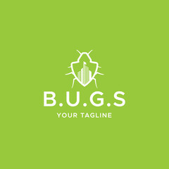 Logo minimal bug outline in a shield shape with buildings inside